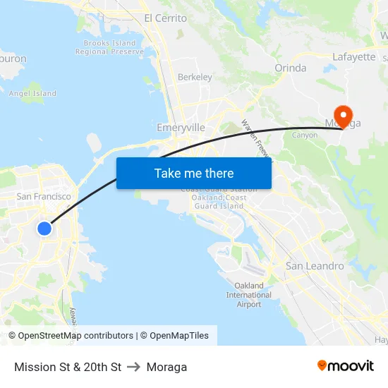 Mission St & 20th St to Moraga map