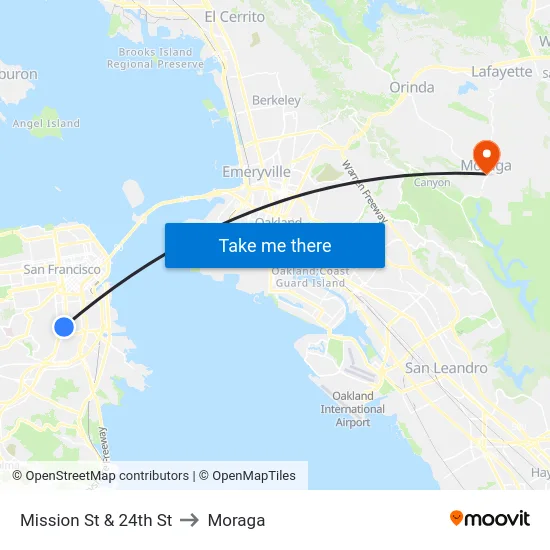 Mission St & 24th St to Moraga map