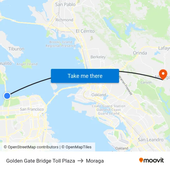 Golden Gate Bridge Toll Plaza to Moraga map