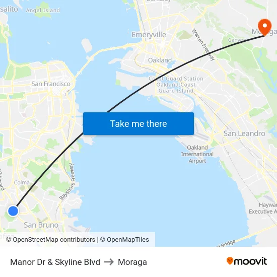 Manor Dr & Skyline Blvd to Moraga map