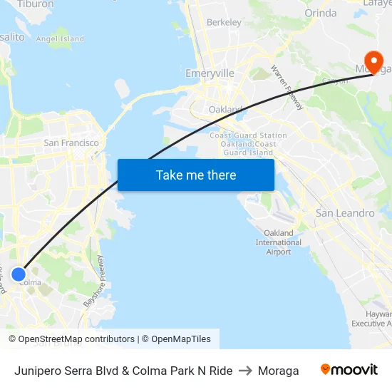 Junipero Serra Blvd & Colma Park N Ride to Moraga map