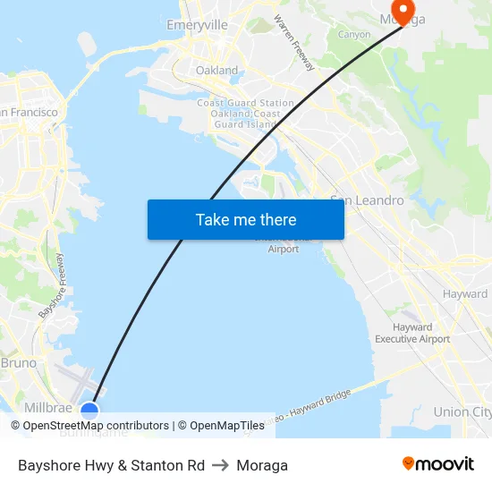 Bayshore Hwy & Stanton Rd to Moraga map