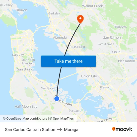 San Carlos Caltrain Station to Moraga map