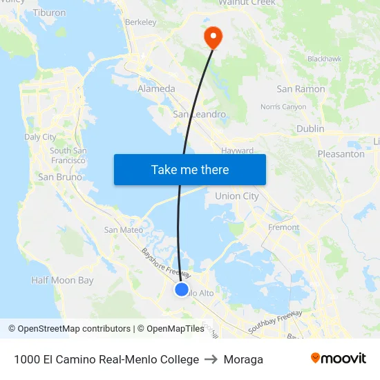 1000 El Camino Real-Menlo College to Moraga map