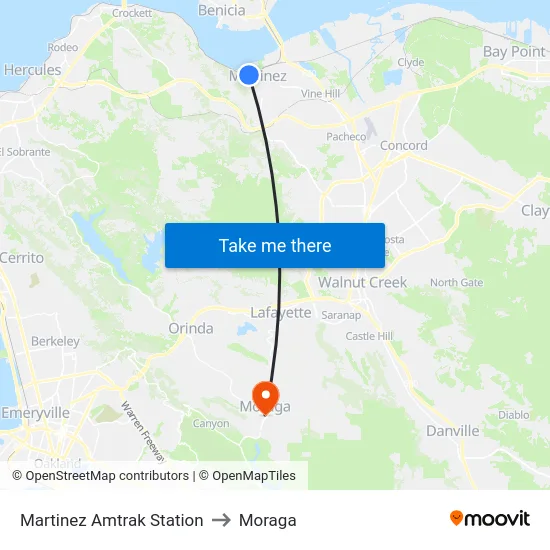 Martinez Amtrak Station to Moraga map