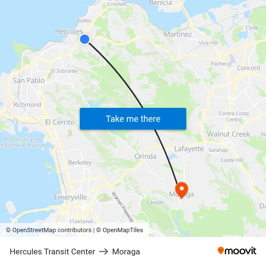 Hercules Transit Center to Moraga map