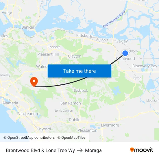 Brentwood Blvd & Lone Tree Wy to Moraga map