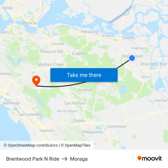 Brentwood Park N Ride to Moraga map