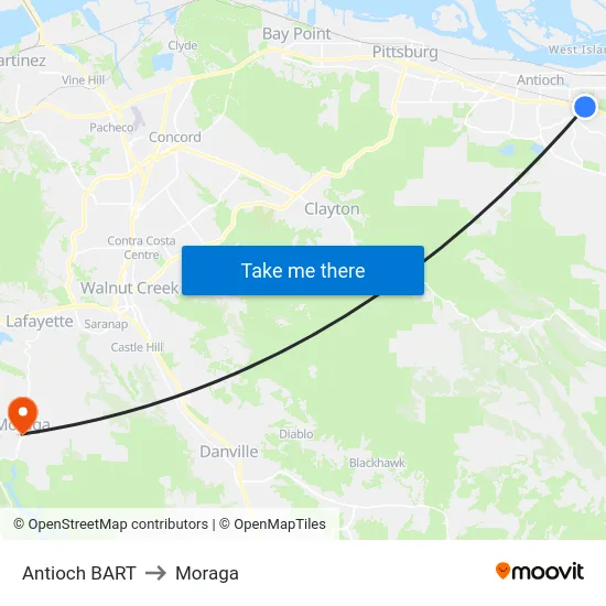 Antioch BART to Moraga map