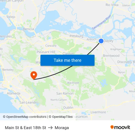 Main St & East 18th St to Moraga map
