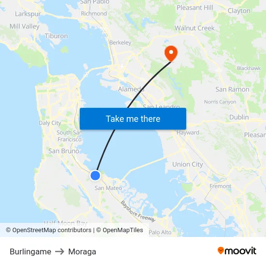 Burlingame to Moraga map