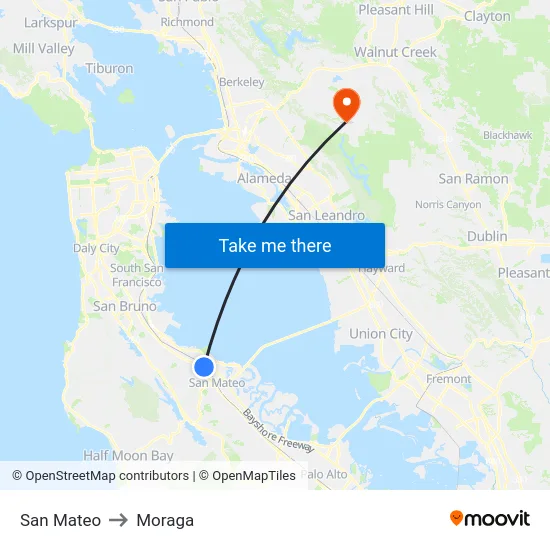 San Mateo to Moraga map