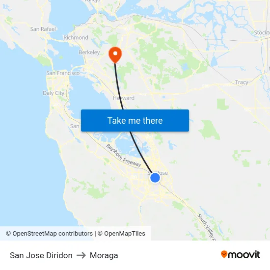 San Jose Diridon to Moraga map