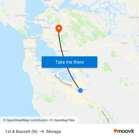 1st & Bassett (N) to Moraga map