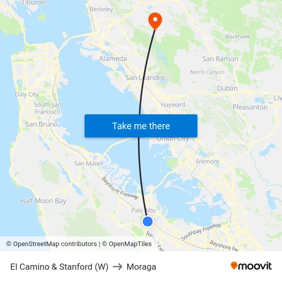 El Camino & Stanford (W) to Moraga map