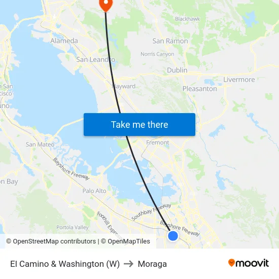 El Camino & Washington (W) to Moraga map