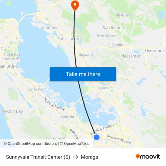Sunnyvale Transit Center (S) to Moraga map