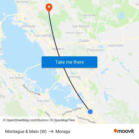 Montague & Main (W) to Moraga map