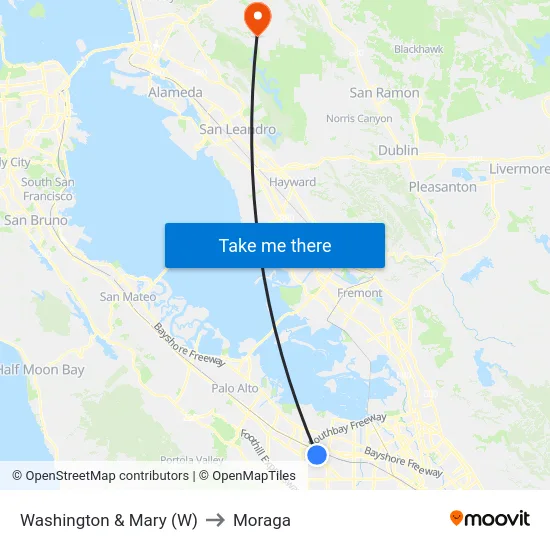 Washington & Mary (W) to Moraga map