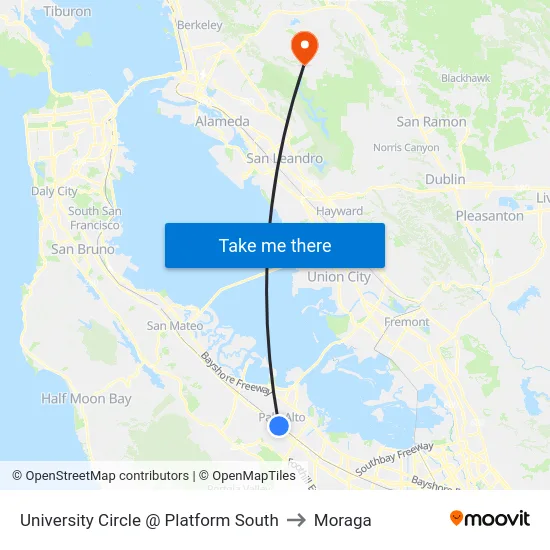 University Circle @ Platform South to Moraga map
