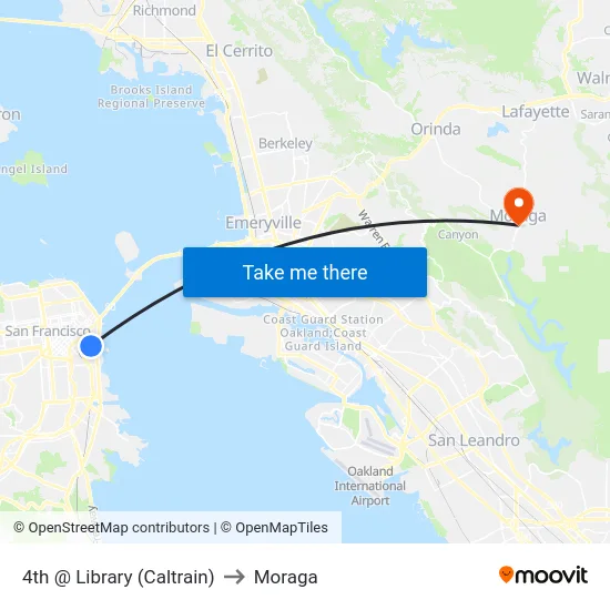 4th @ Library (Caltrain) to Moraga map