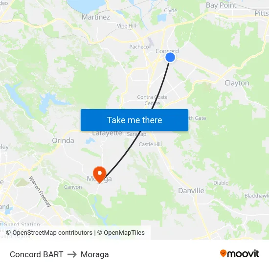 Concord BART to Moraga map
