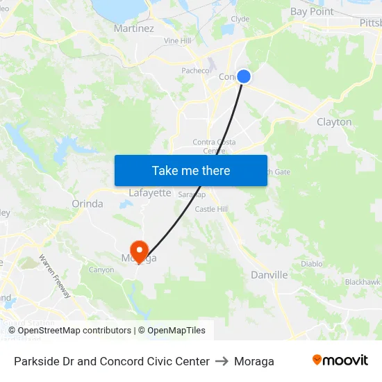 Parkside Dr and Concord Civic Center to Moraga map