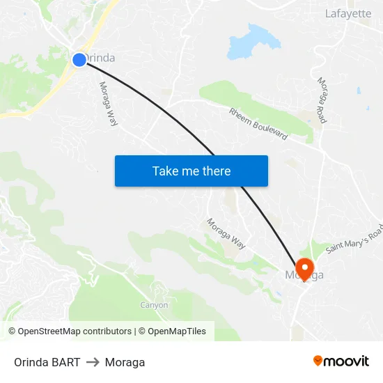 Orinda BART to Moraga map