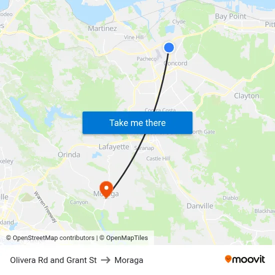 Olivera Rd and Grant St to Moraga map