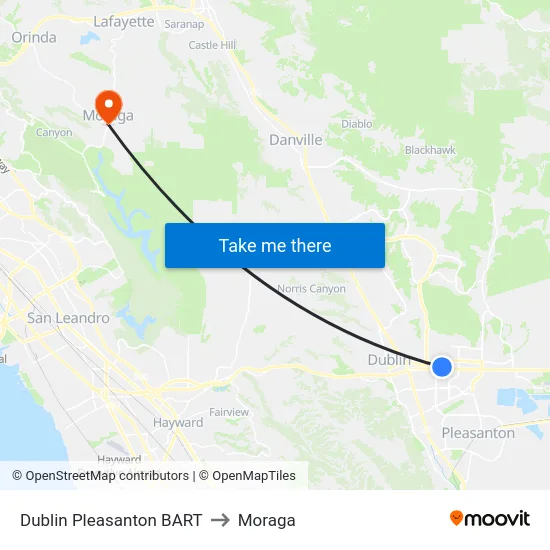 Dublin Pleasanton BART to Moraga map