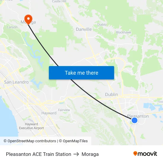 Pleasanton ACE Train Station to Moraga map
