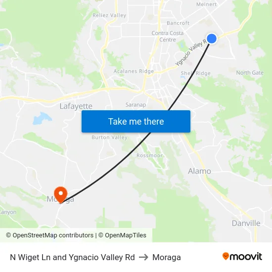 N Wiget Ln and Ygnacio Valley Rd to Moraga map