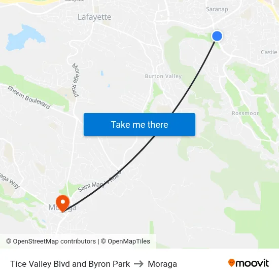 Tice Valley Blvd and Byron Park to Moraga map