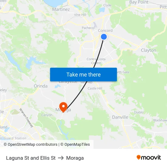 Laguna St and Ellis St to Moraga map