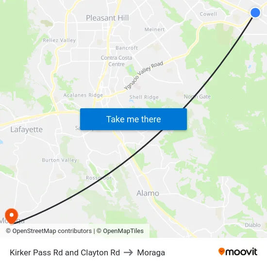 Kirker Pass Rd and Clayton Rd to Moraga map