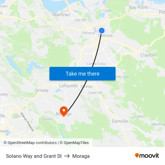 Solano Way and Grant St to Moraga map