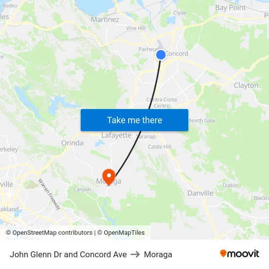 John Glenn Dr and Concord Ave to Moraga map