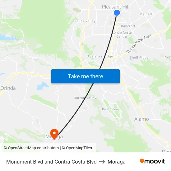 Monument Blvd and Contra Costa Blvd to Moraga map
