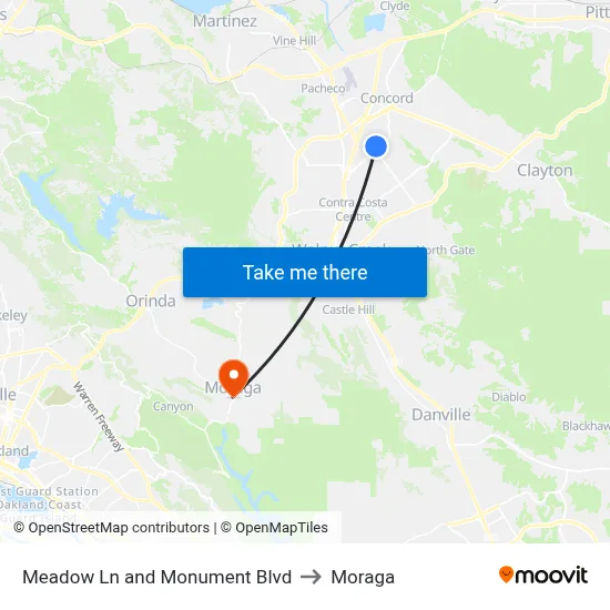 Meadow Ln and Monument Blvd to Moraga map