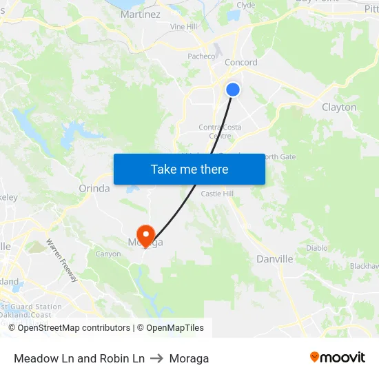 Meadow Ln and Robin Ln to Moraga map