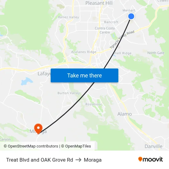 Treat Blvd and OAK Grove Rd to Moraga map