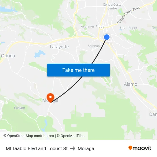 Mt Diablo Blvd and Locust St to Moraga map