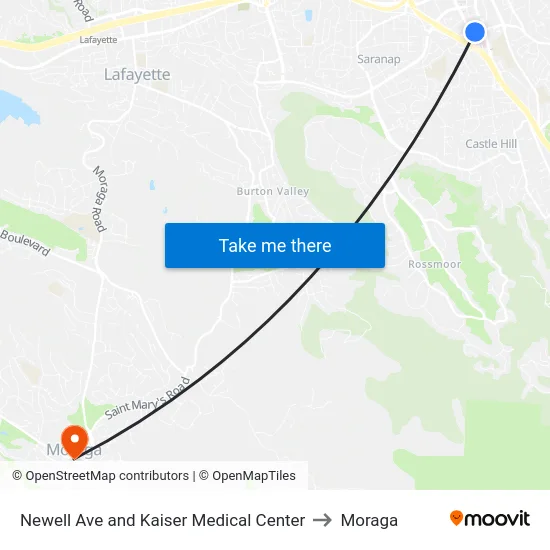 Newell Ave and Kaiser Medical Center to Moraga map