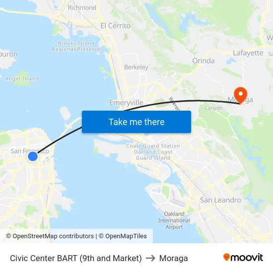 Civic Center BART (9th and Market) to Moraga map