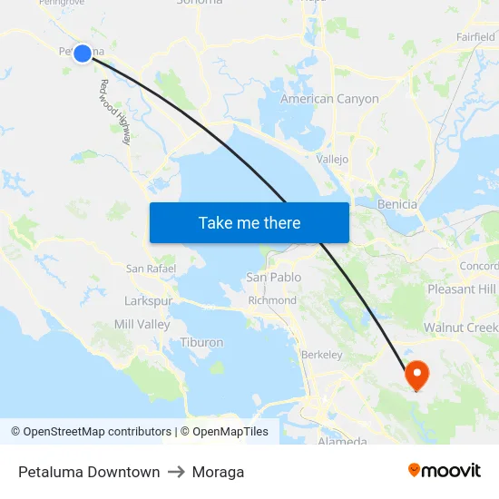 Petaluma Downtown to Moraga map