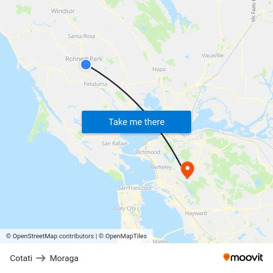 Cotati to Moraga map
