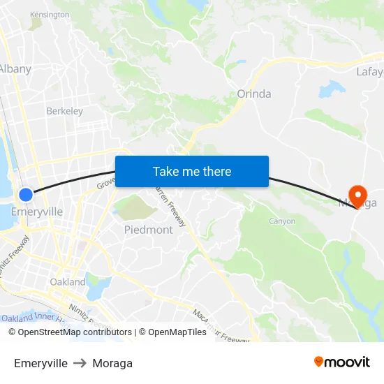 Emeryville to Moraga map