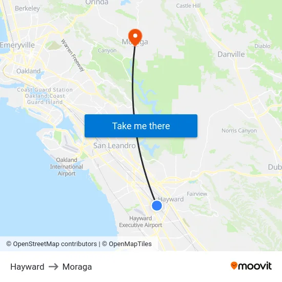 Hayward to Moraga map