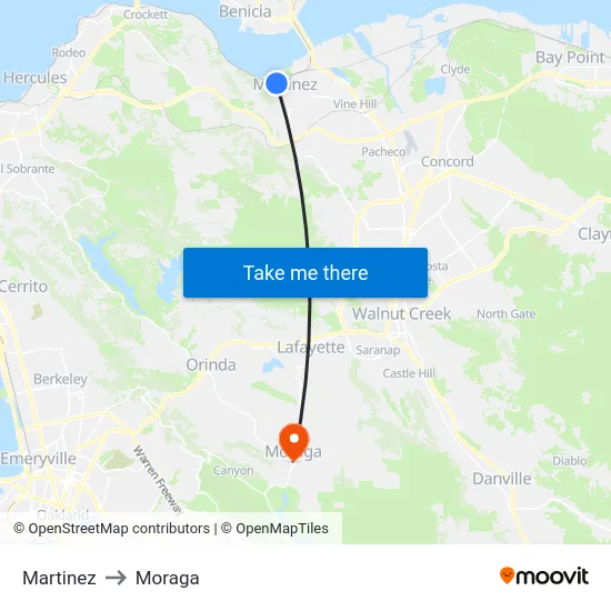 Martinez to Moraga map