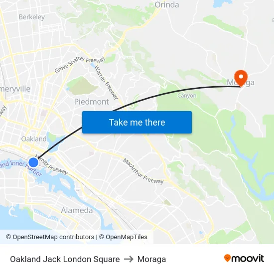 Oakland Jack London Square to Moraga map
